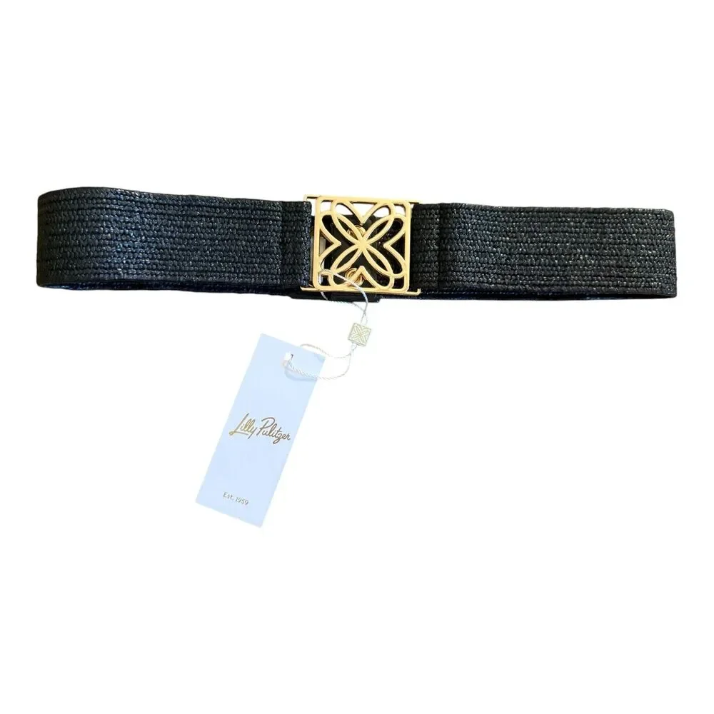 NWT Lilly Pulitzer Arta Stretch Raffia Belt Black Gold Logo Buckle S/M